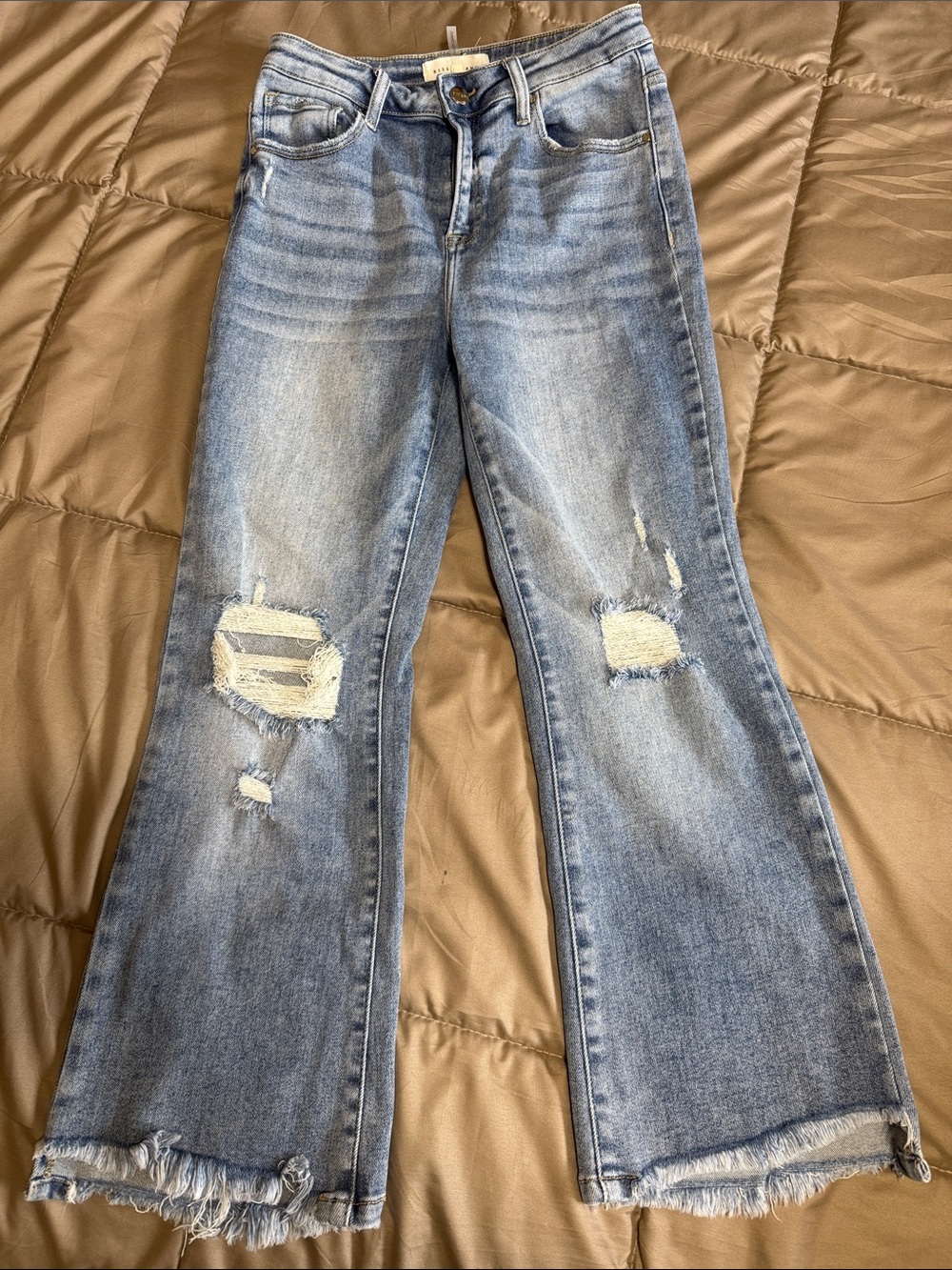 Light Blue Distressed Flare Jeans with Frayed Hem